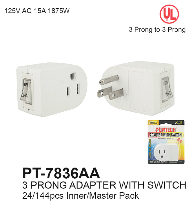 PT-7836AA - 3 Prong UL Adapter with Switch