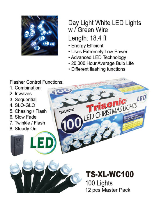 TS-XL-WC100M - White LED Christmas Lights w/ Green Wire (100 Lights)