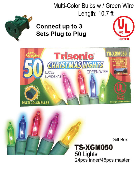 TS-XGM050 - Multi-color Christmas Lights w/ Green Wire (50 Lights)