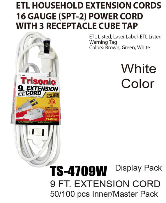 TS-4709W - White ETL Extension Cords (9 ft.)