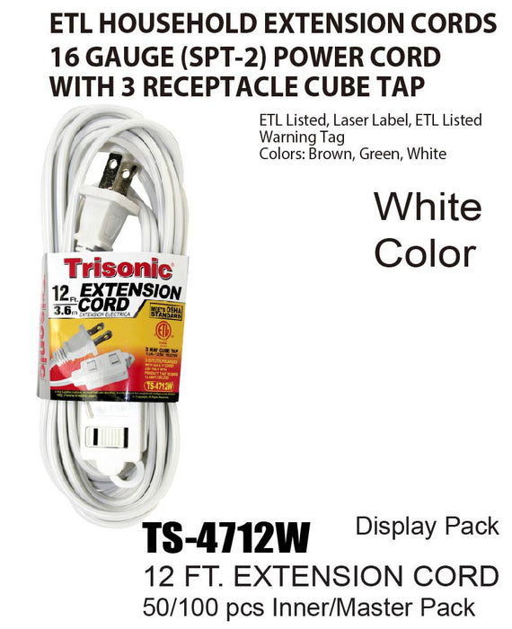 TS-4712W - White ETL Extension Cords (12 ft.)